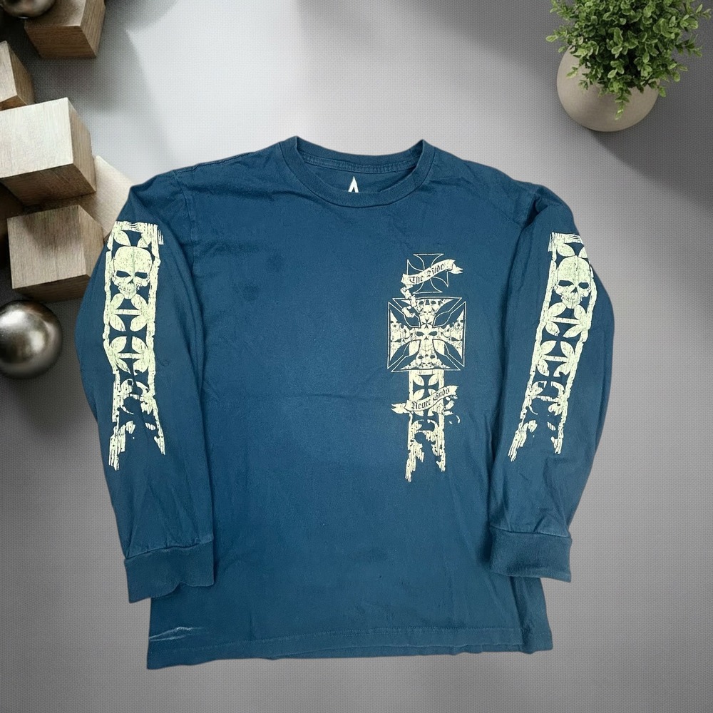 JH Design Mens Long Sleeve Graphic T-Shirt Blue Skull Cross Y2K Size M 1647